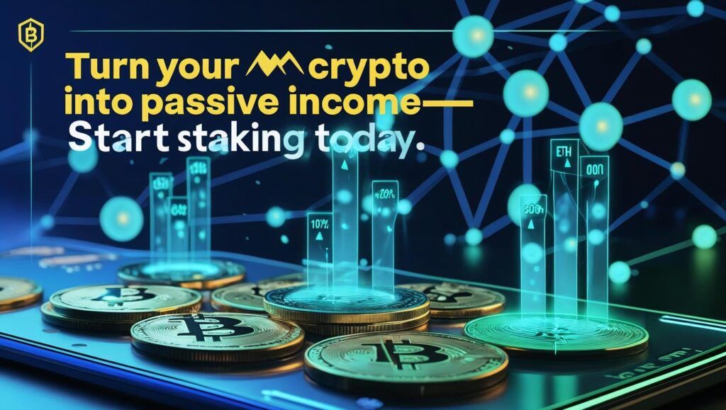 A sleek, futuristic digital wallet interface glowing with staked coins (ETH, ADA, SOL) and animated APY percentages rising above them. In the background, a secure blockchain network visual pulses with validator nodes. The headline overlays in bold: “Turn Your Crypto Into Passive Income—Start Staking Today.”