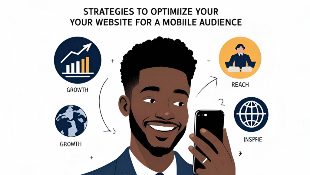 Centered title in bold navy text reading 'Mastering Mobile-First Design: Strategies to Optimize Your Website for a Mobile Audience' above a flat-style illustration of a smiling entrepreneur looking at his cellphone, surrounded by icons representing growth, global reach, and inspiration, on an off-white background with padded edges
