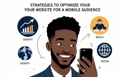 Centered title in bold navy text reading 'Mastering Mobile-First Design: Strategies to Optimize Your Website for a Mobile Audience' above a flat-style illustration of a smiling entrepreneur looking at his cellphone, surrounded by icons representing growth, global reach, and inspiration, on an off-white background with padded edges