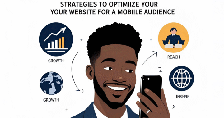 Centered title in bold navy text reading 'Mastering Mobile-First Design: Strategies to Optimize Your Website for a Mobile Audience' above a flat-style illustration of a smiling entrepreneur looking at his cellphone, surrounded by icons representing growth, global reach, and inspiration, on an off-white background with padded edges
