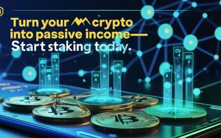 A sleek, futuristic digital wallet interface glowing with staked coins (ETH, ADA, SOL) and animated APY percentages rising above them. In the background, a secure blockchain network visual pulses with validator nodes. The headline overlays in bold: “Turn Your Crypto Into Passive Income—Start Staking Today.”