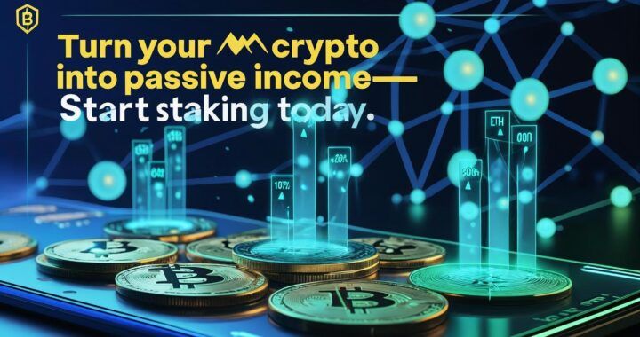 A sleek, futuristic digital wallet interface glowing with staked coins (ETH, ADA, SOL) and animated APY percentages rising above them. In the background, a secure blockchain network visual pulses with validator nodes. The headline overlays in bold: “Turn Your Crypto Into Passive Income—Start Staking Today.”