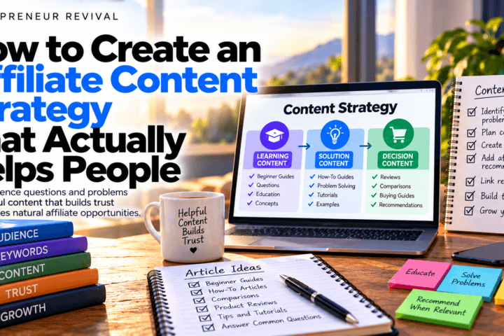 Affiliate content strategy showing learning, problem-solving and decision content that helps people and builds trust