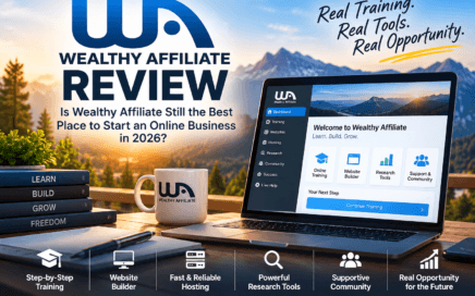 Wealthy Affiliate Review 2026 showing online training, website builder, hosting, research tools and community features