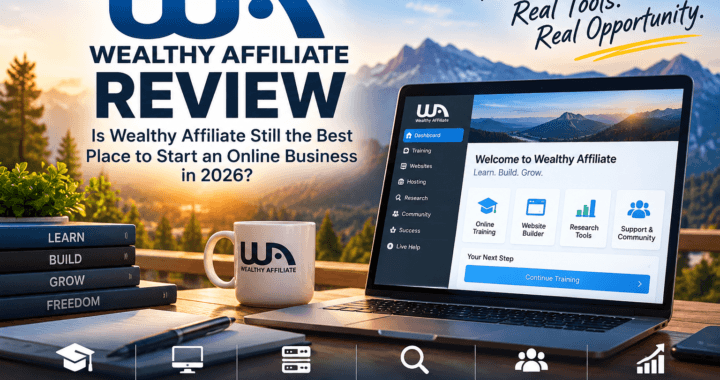 Wealthy Affiliate Review 2026 showing online training, website builder, hosting, research tools and community features