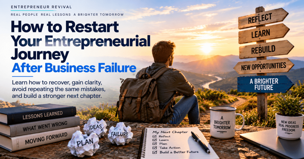 Entrepreneur looking toward a sunrise after business failure, with signs representing reflection, learning, rebuilding, and new business opportunities.